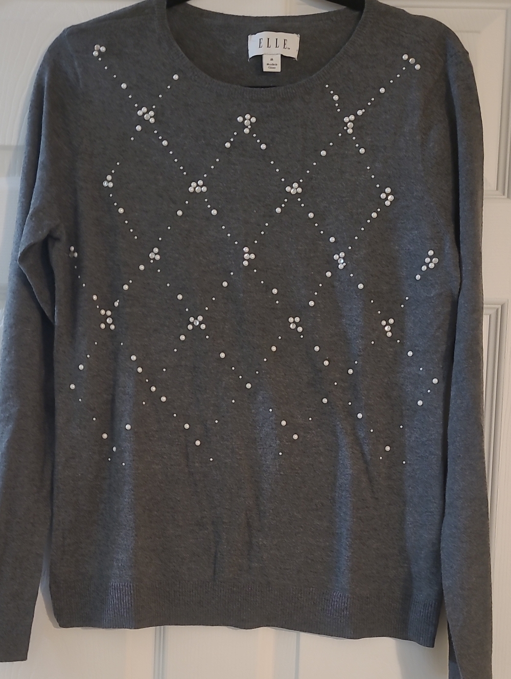 ELLE Charcoal Gray Crewneck Sweater with Pearl Bead Detail